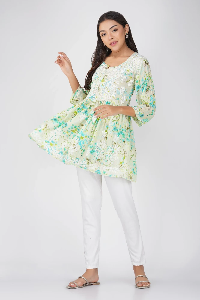 Green Short Malmal  Cotton Chikankari Gown-1.webp